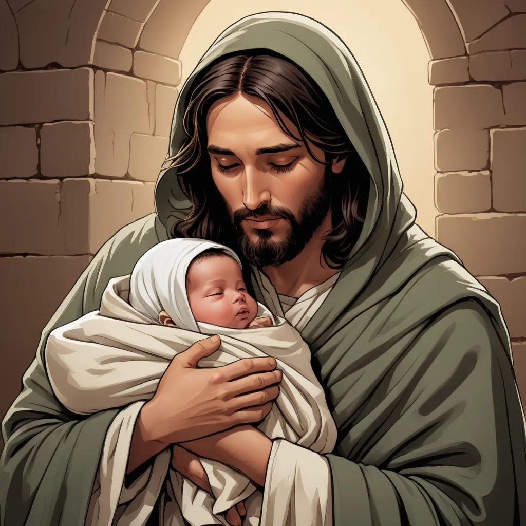 a painting of jesus holding a baby in his arms with a brick wall behind him and a doorway in the background, gothic art, a storybook illustration, Andrey Yefimovich Martynov, radiant light