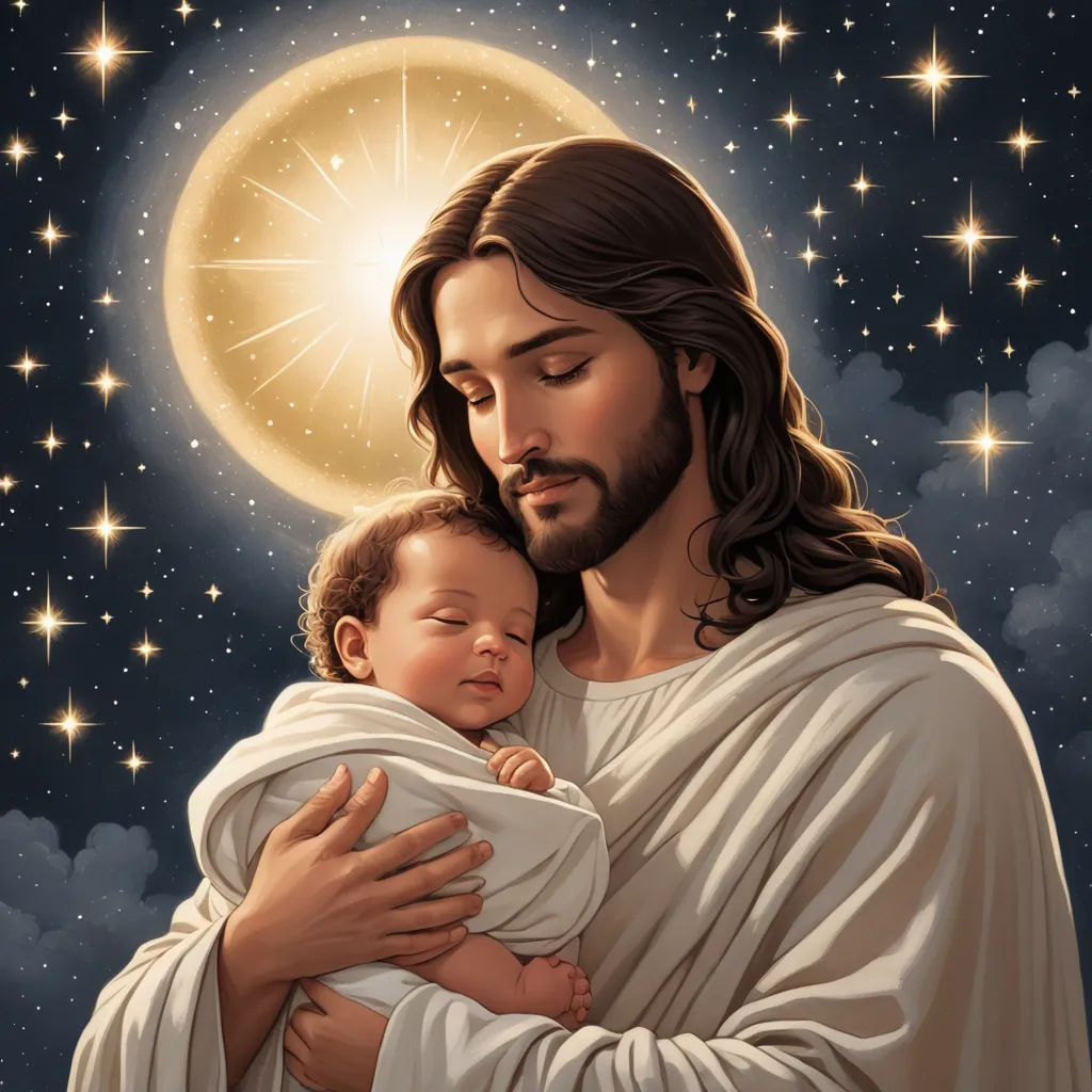 a painting of jesus holding a baby in his arms with a full moon in the background and stars in the sky, gothic art, a storybook illustration, Edward Otho Cresap Ord, II, radiant light