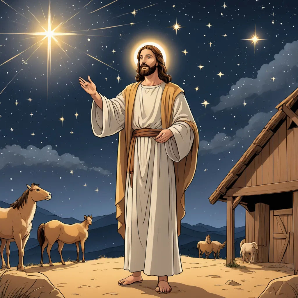 a man with a beard and a goat in front of him and a star above him with a goat and a house, space art, a storybook illustration, Boleslaw Cybis, stars