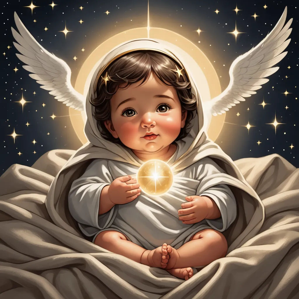a baby angel with a golden ball in his hands and stars in the background, with a halo around his head, gothic art, a fine art painting, Edward George Handel Lucas, angelic