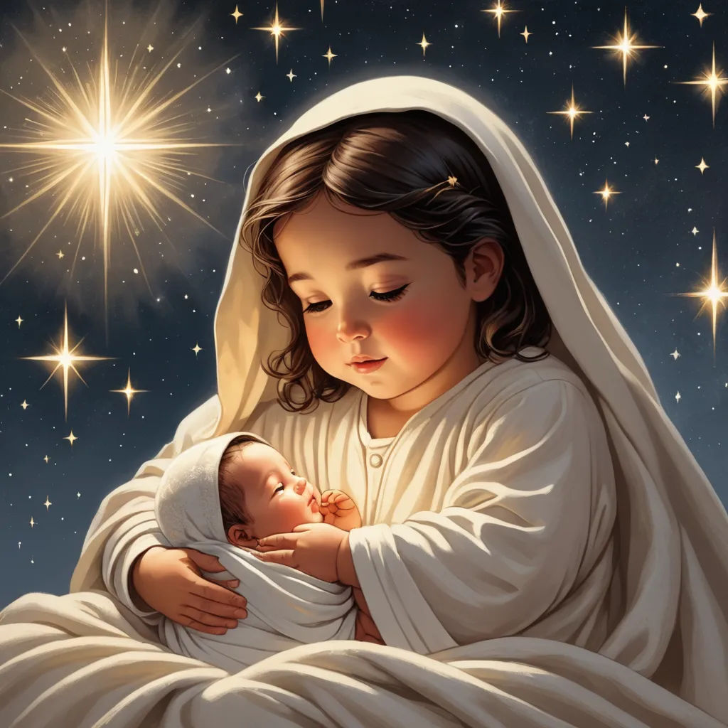 a painting of a baby jesus holding a baby jesus in his arms and stars in the background of the sky, gothic art, a storybook illustration, Edward George Handel Lucas, radiant light