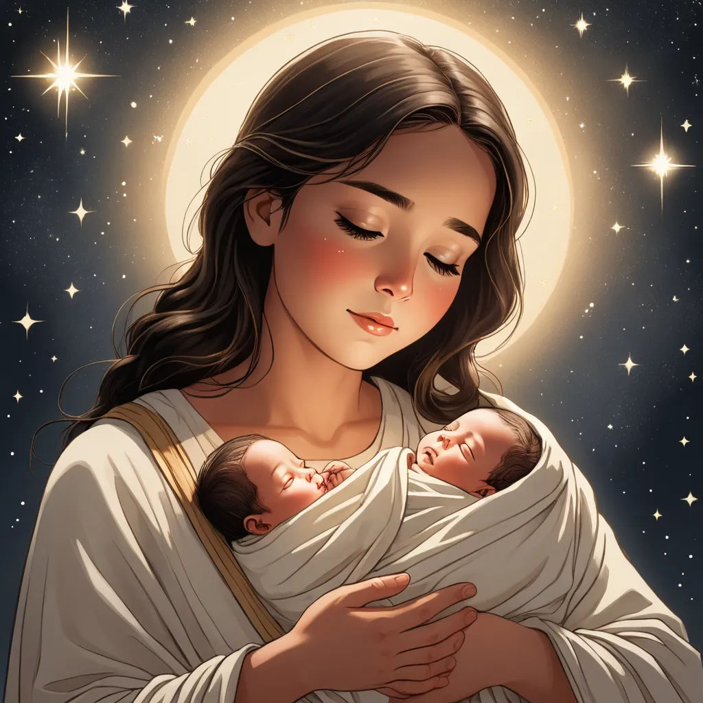 a woman holding a baby in her arms in front of a full moon and stars background with stars in the sky, fantasy art, a fine art painting, Artgerm, trending on art station