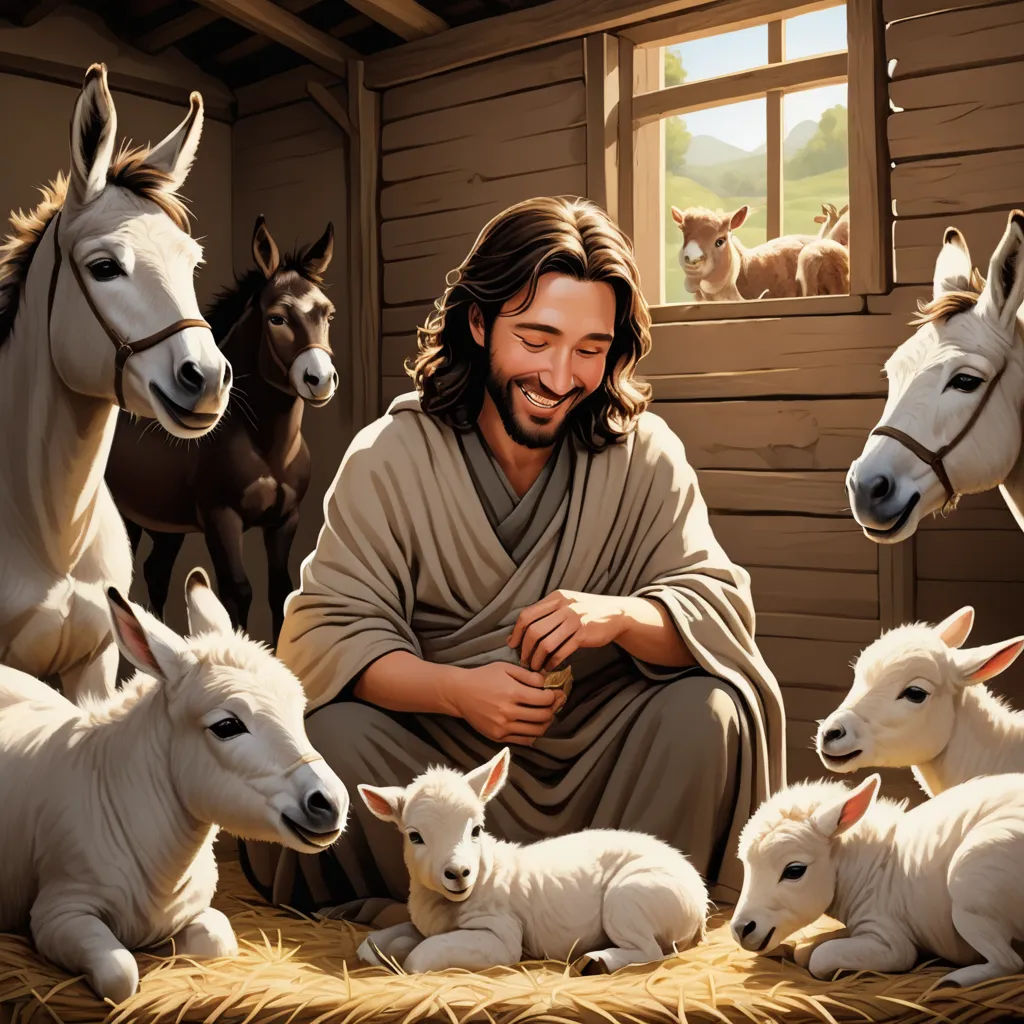 a painting of jesus surrounded by sheep and horses in a stable with a baby lamb in the foreground, naive art, a storybook illustration, Bob Byerley, furaffinity