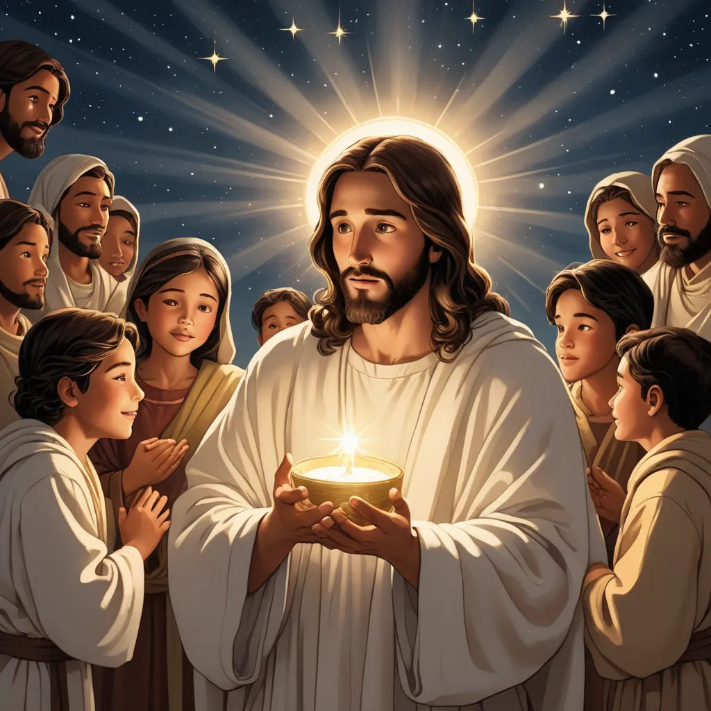a painting of jesus holding a lit candle surrounded by people in robes and robes, all looking at him, figurativism, a storybook illustration, Brothers Hildebrandt, radiant light