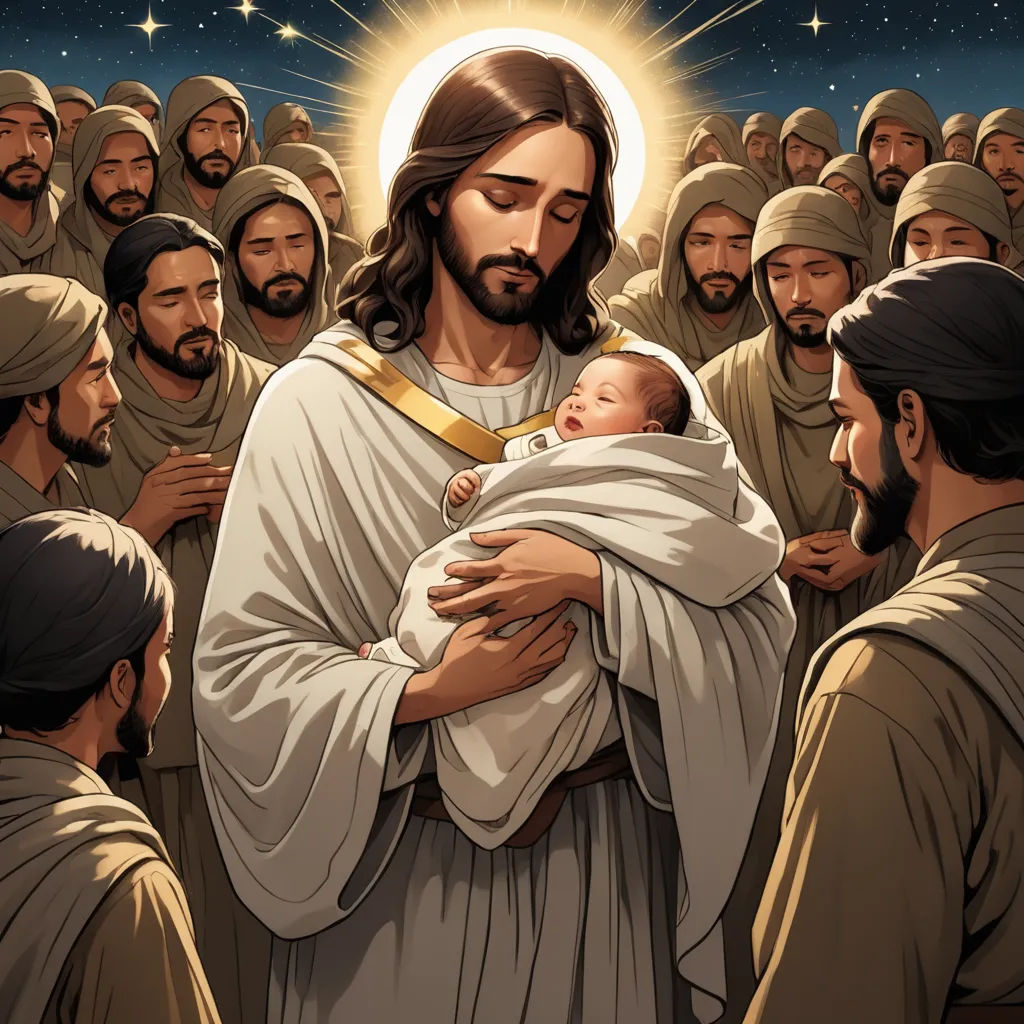 a painting of jesus holding a baby in his arms with a crowd of people around him in the background, socialist realism, a storybook illustration, Brothers Hildebrandt, trending on art station