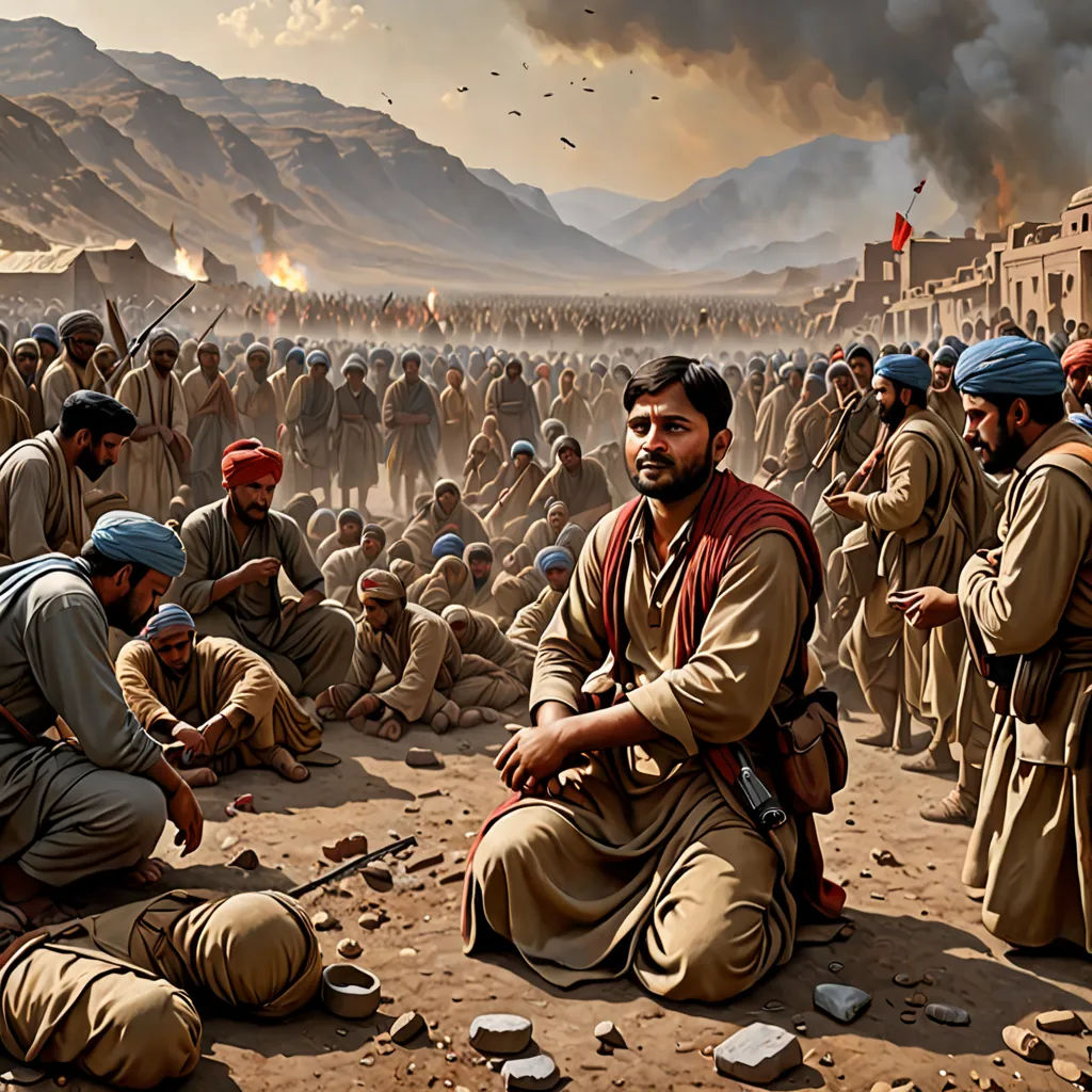 a painting of a group of men kneeling down in front of a fire and smoke filled mountain range with a sky filled with smoke, serial art, a detailed matte painting, Amir Zand, highly detailed digital painting