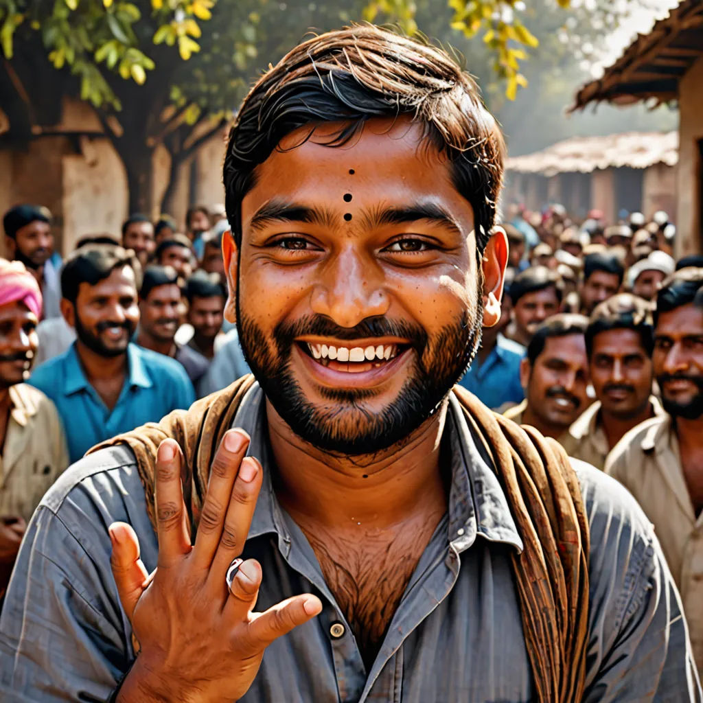 a man with a beard and a ring on his finger smiles in front of a crowd of men in india, samikshavad, a character portrait, Ella Guru, movie still frame