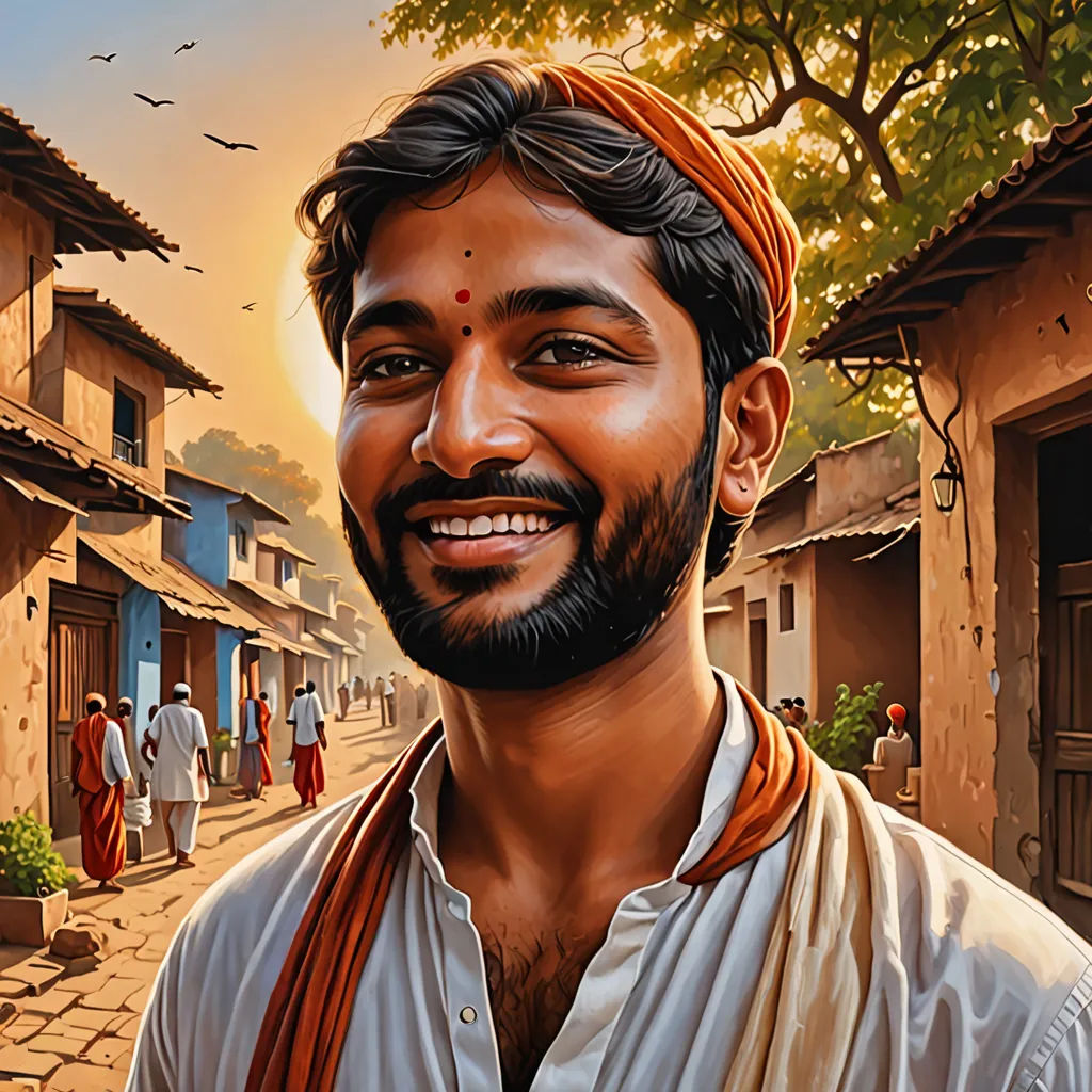 a man with a turban and a beard smiling in a village street with people walking around and birds flying overhead, samikshavad, a digital painting, Bholekar Srihari, highly detailed digital painting