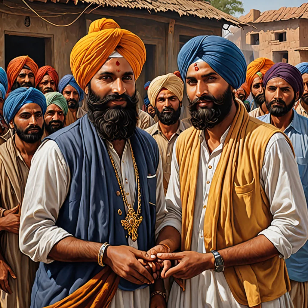 a group of men in turbans standing in front of a building with a crowd of people around them, samikshavad, an oil on canvas painting, Brothers Hildebrandt, highly detailed digital painting