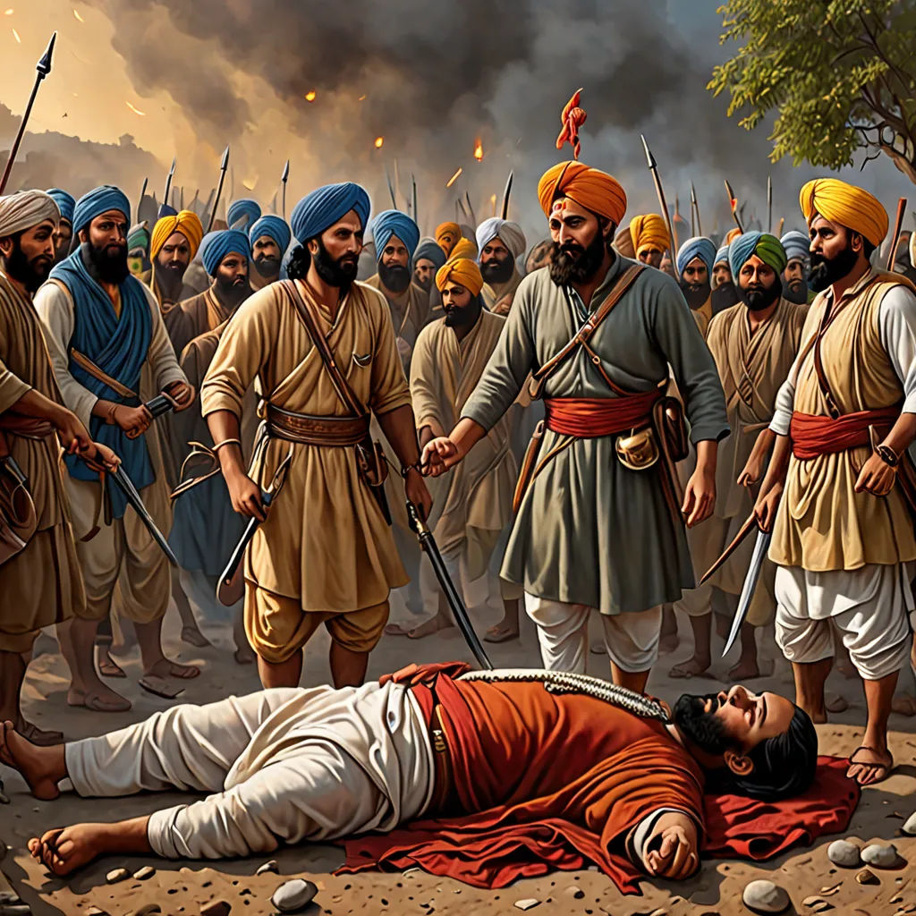 a painting of a man laying on the ground with other men in the background and a fire in the sky, samikshavad, a detailed painting, Bholekar Srihari, colorized
