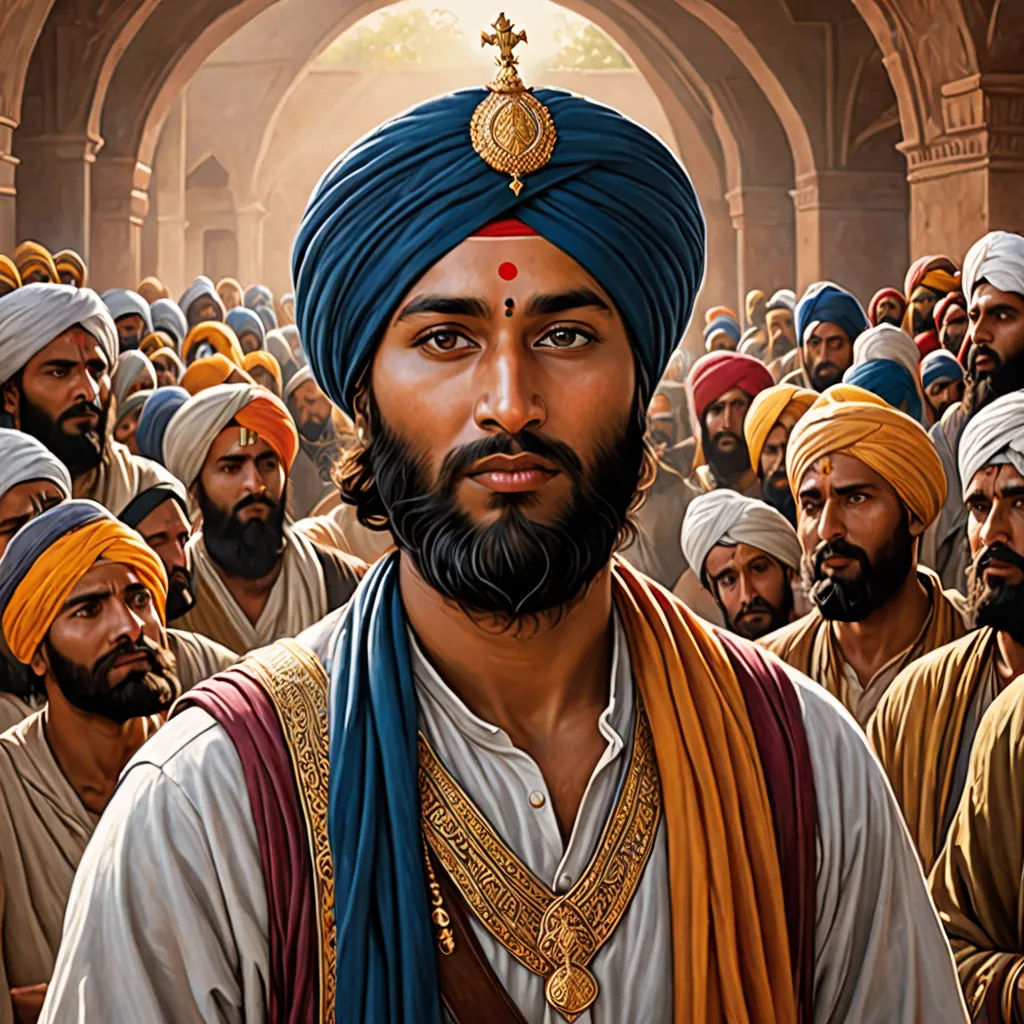 a painting of a man in a turban surrounded by other men in turbans and turbans, samikshavad, a detailed painting, Bholekar Srihari, highly detailed digital painting