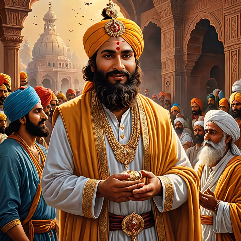 a painting of a man in a turban surrounded by other men in india, with a bird flying overhead, samikshavad, a detailed painting, Bholekar Srihari, highly detailed digital painting