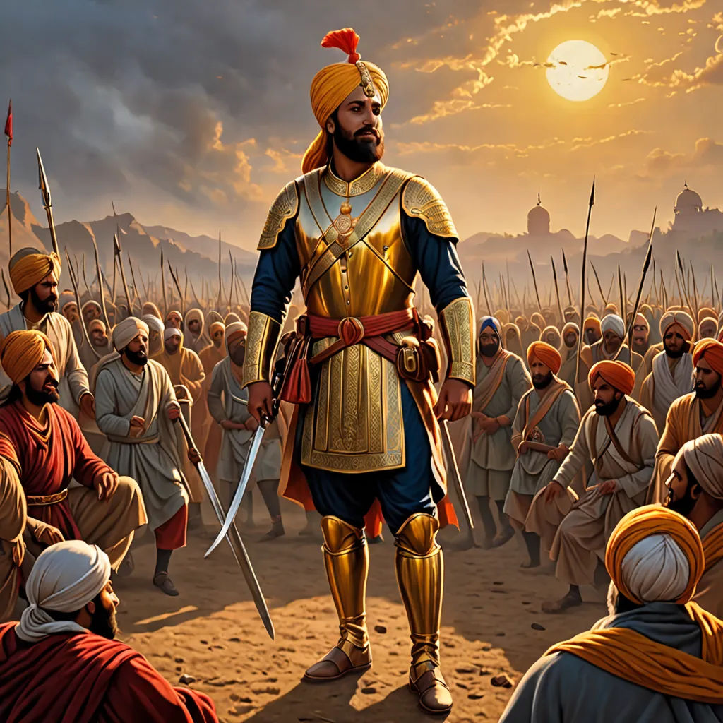 a painting of a man in a golden outfit standing in front of a group of men in orange turbans, samikshavad, a detailed painting, Bholekar Srihari, official art