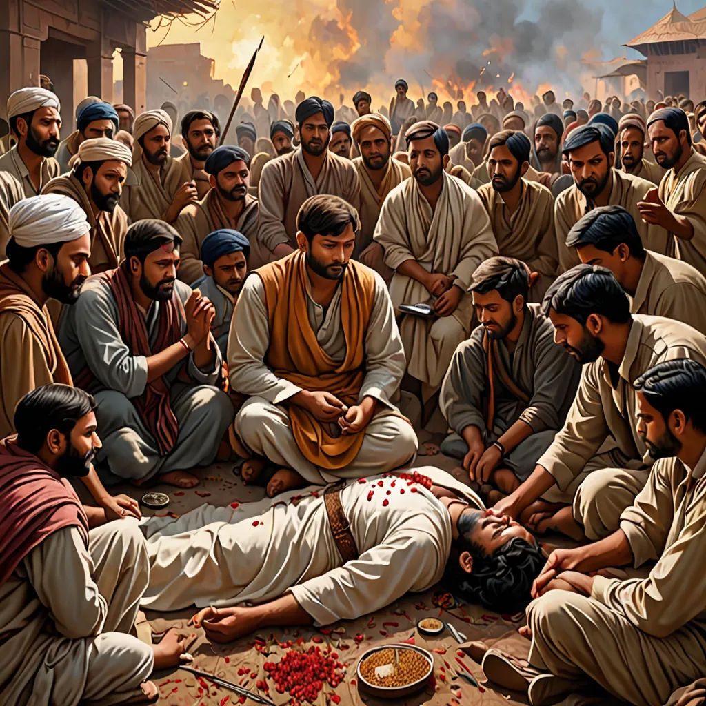 a painting of a group of men sitting around a fire pit with a man holding a knife in his hand, samikshavad, a detailed painting, Bholekar Srihari, highly detailed digital painting