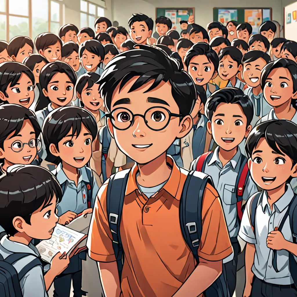 a cartoon of a boy in a school uniform surrounded by a group of school children, with a teacher in the background, lyco art, a comic book panel, Adam Manyoki, official art