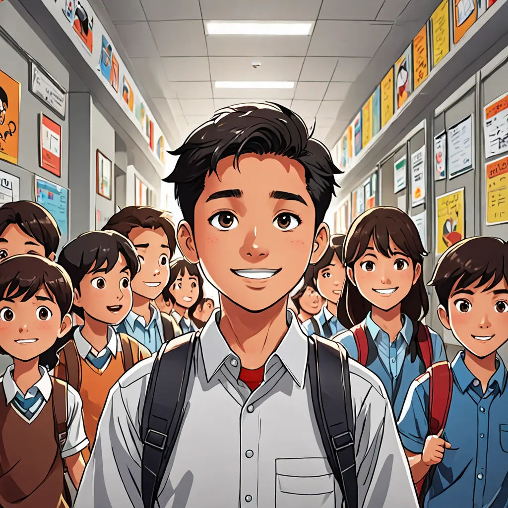 a cartoon of a man standing in front of a group of children in a hallway with posters on the walls, serial art, a comic book panel, Adam Manyoki, official art