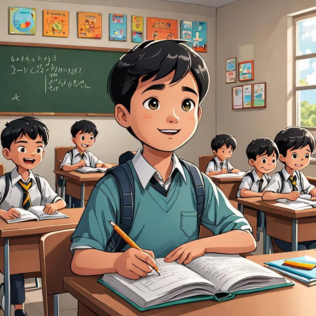 a boy is sitting at a desk with a book and pencil in front of him and other children are behind him, danube school, a comic book panel, Adam Manyoki, official art