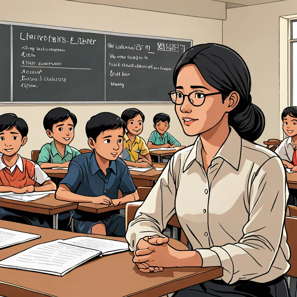 a woman standing in front of a classroom full of students with their hands folded up in front of her, vancouver school, a comic book panel, Choi Buk, graphic novel