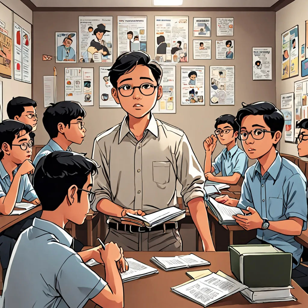a man standing in front of a classroom full of students with a book in his hand and a binder on his shoulder, academic art, a comic book panel, Asaf Hanuka, graphic novel