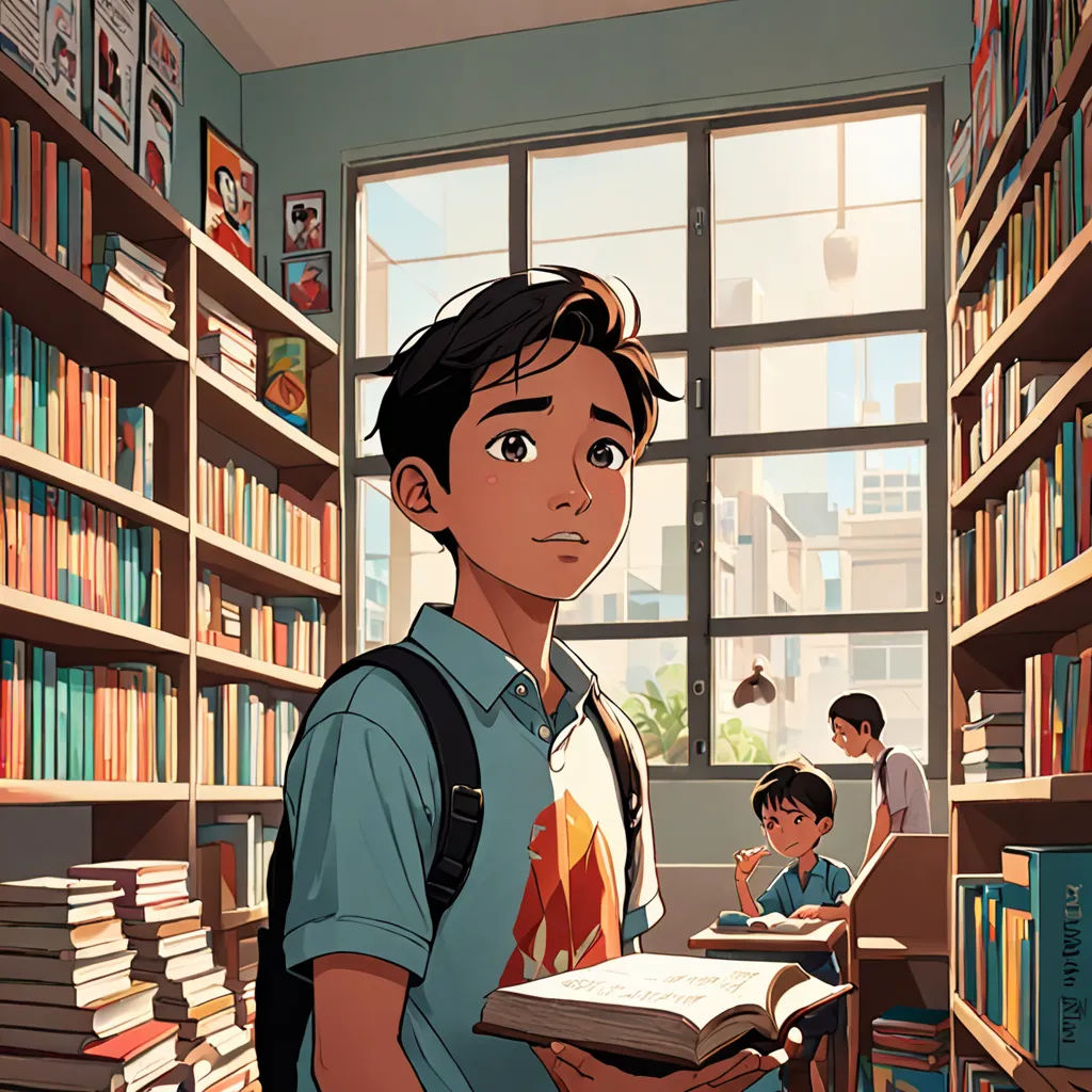a boy is holding a book in a library with other children in the background and a window with a view of a city, academic art, a comic book panel, Asaf Hanuka, rossdraws global illumination