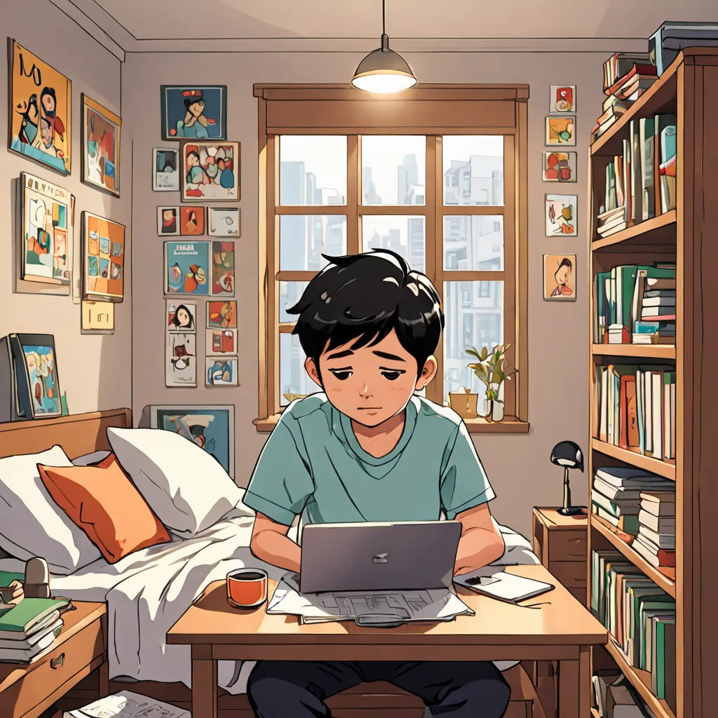 a boy sitting at a desk with a laptop computer in front of him and a bookcase full of books, computer art, a comic book panel, Asaf Hanuka, art station