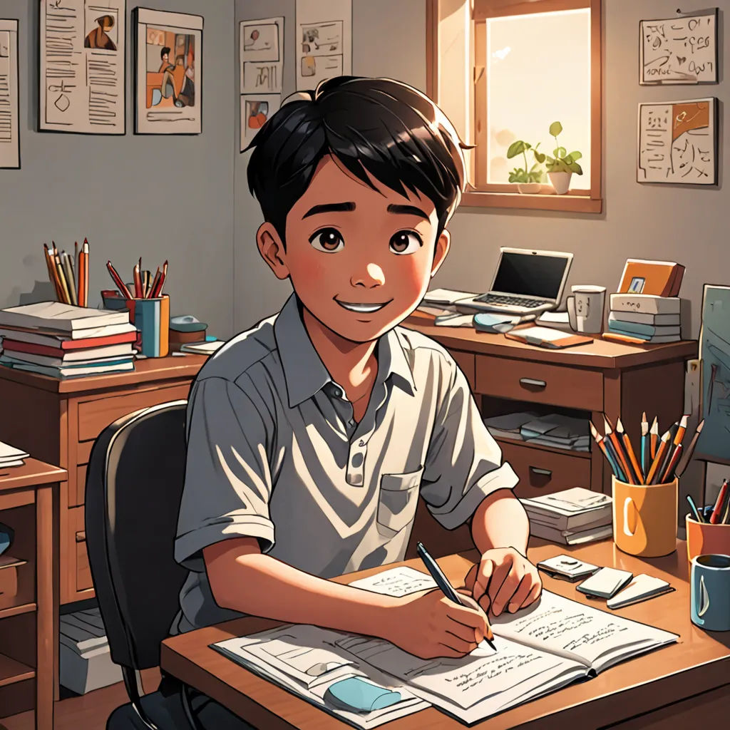 a boy sitting at a desk with a pen and paper in front of him and a computer on the desk, academic art, a comic book panel, Asaf Hanuka, rossdraws global illumination