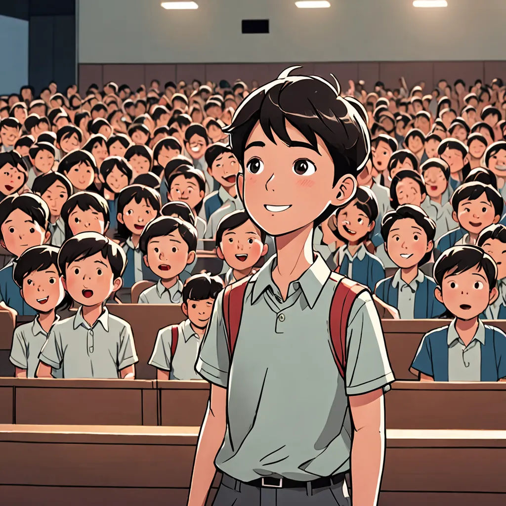 a cartoon of a boy standing in front of a classroom full of students in a lecture hall with a microphone, vancouver school, a comic book panel, Cui Bai, official art