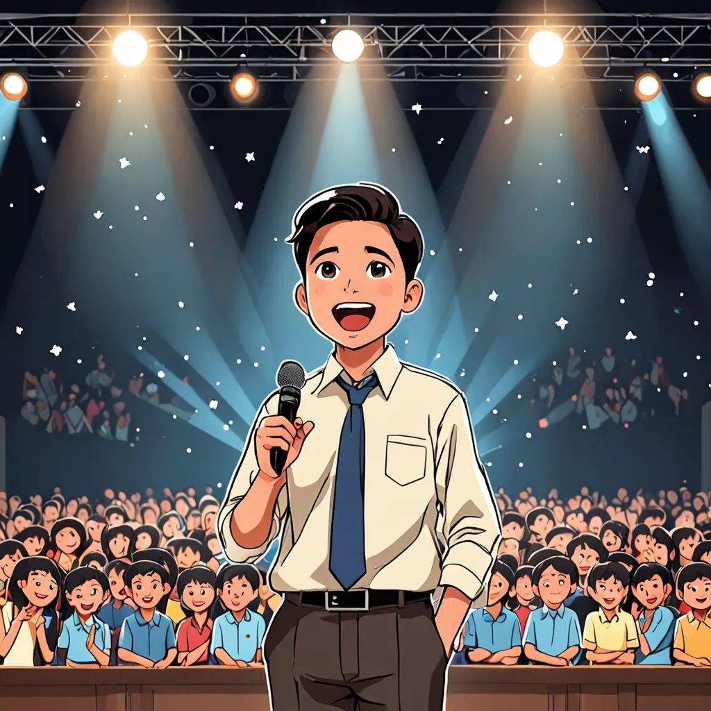 a man standing in front of a crowd holding a microphone in his hand and a microphone in his other hand, paris school, a comic book panel, Fan Kuan, official art