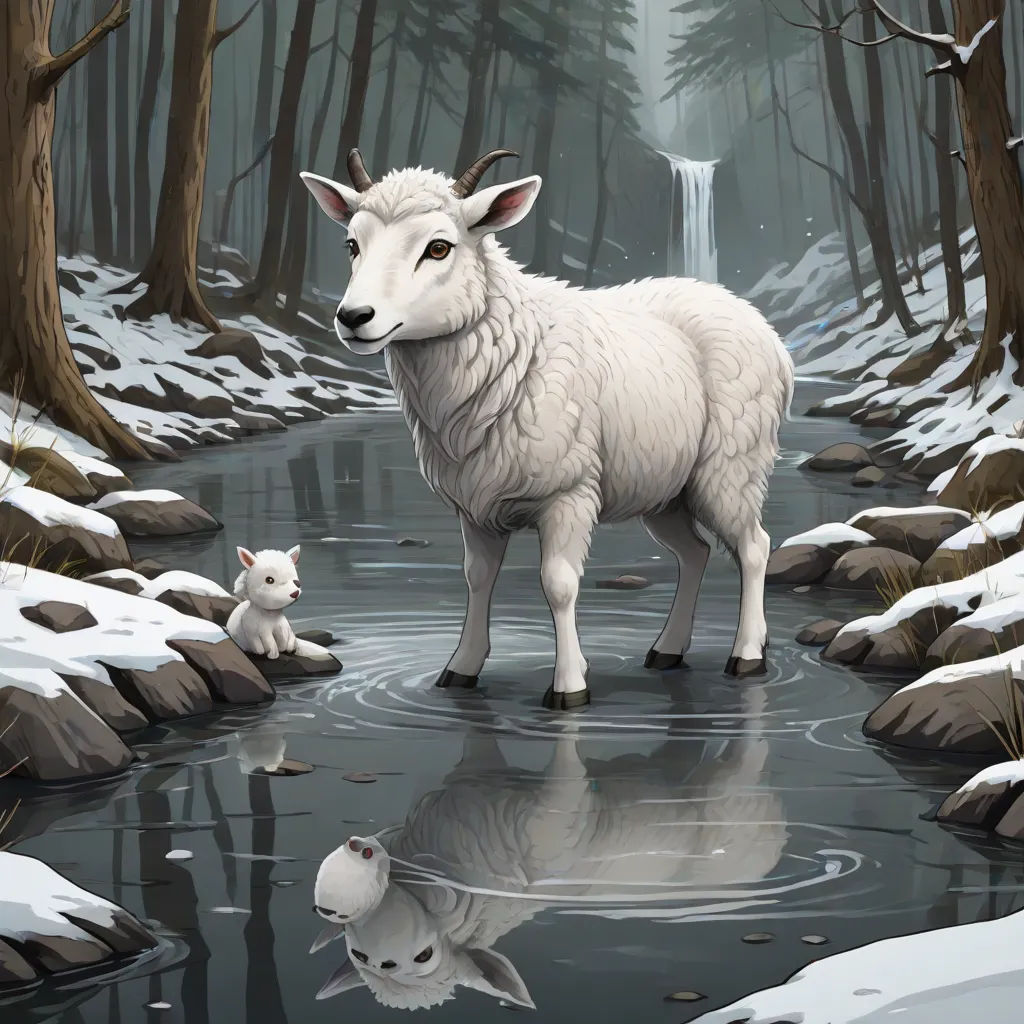 a painting of a sheep and its baby in a stream of water in a forest with snow on the ground, a storybook illustration, Colin Middleton, fantasy art, storybook illustration