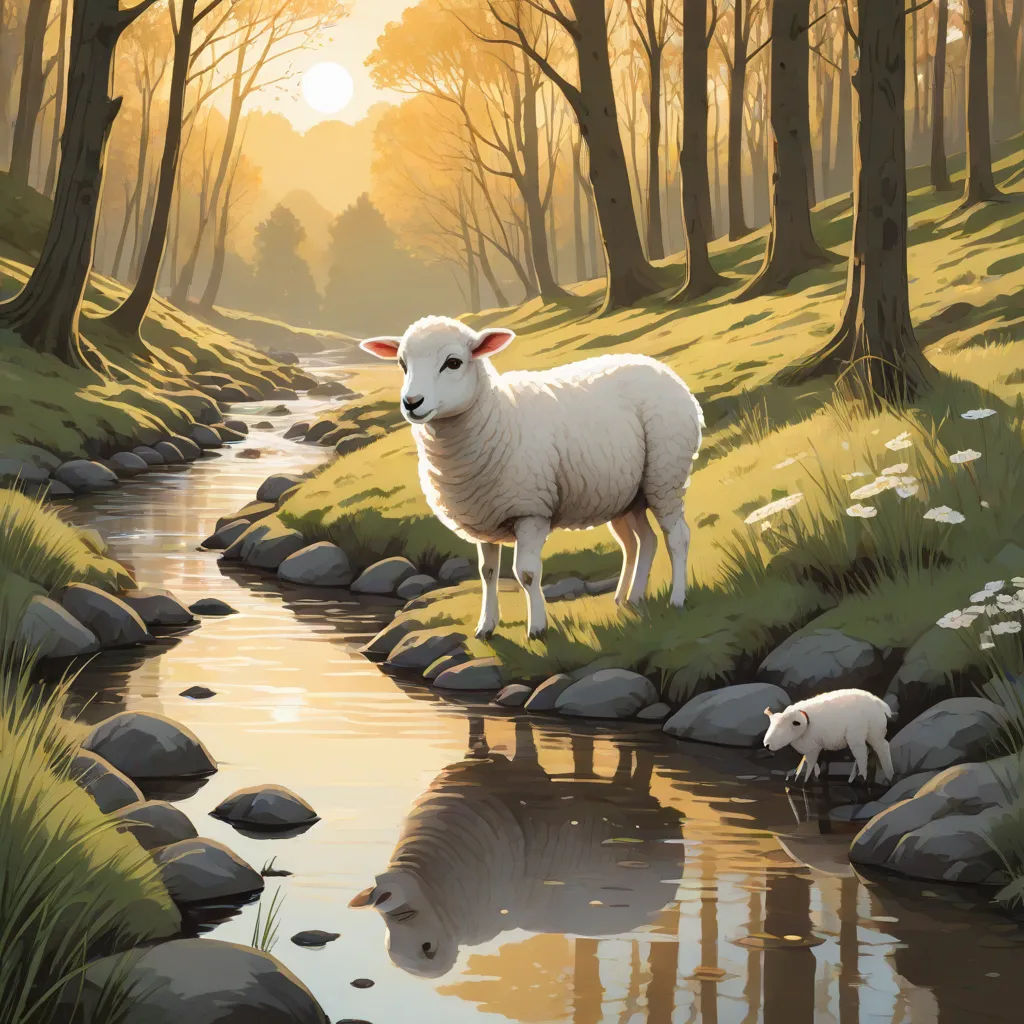 a painting of a sheep and her lambs by a stream in a forest with rocks and grass, and a stream running through the woods, a storybook illustration, Colin Middleton, environmental art, storybook illustration