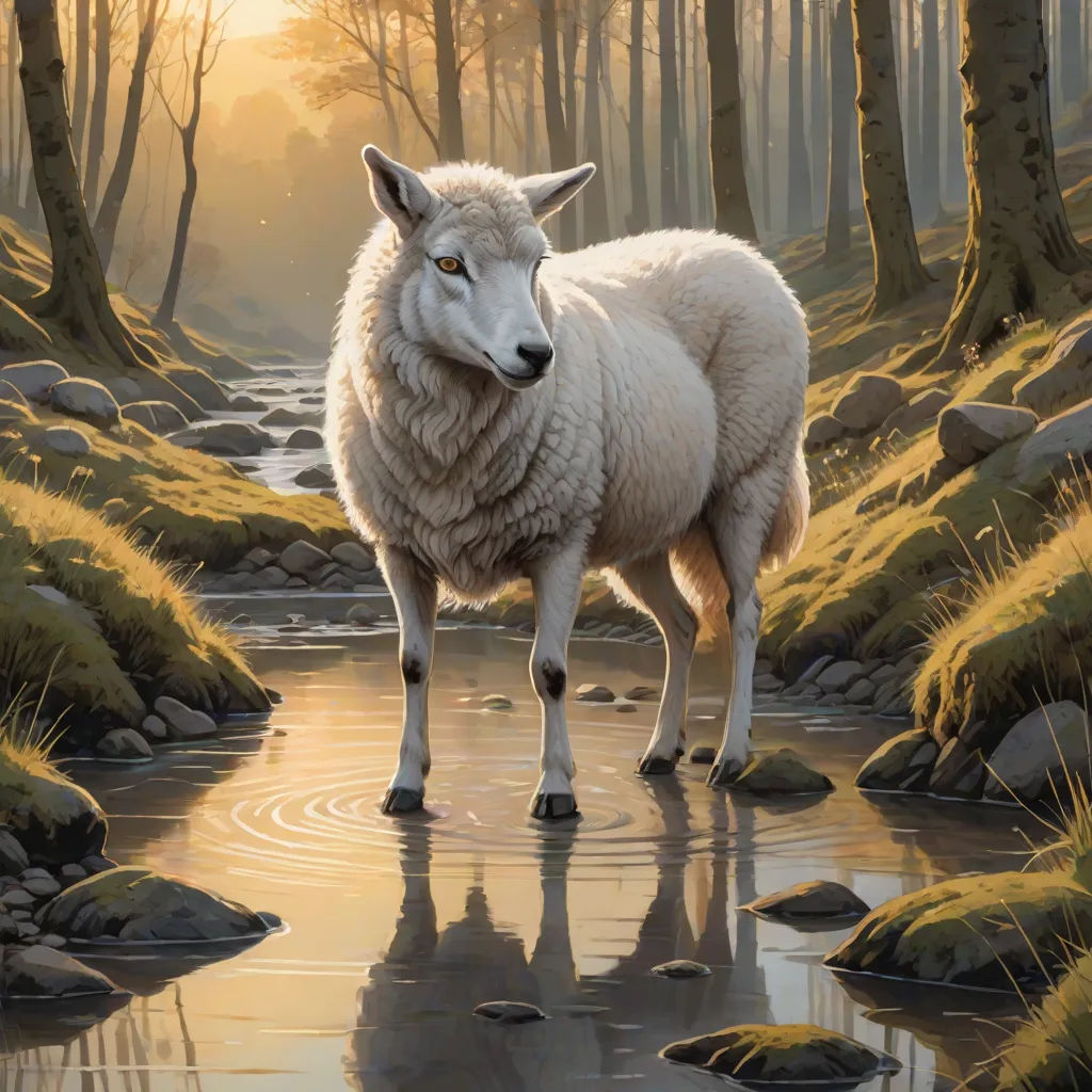 a painting of a sheep standing in a stream of water in a forest with rocks and grass on the ground, an airbrush painting, Colin Middleton, american scene painting, pj crook