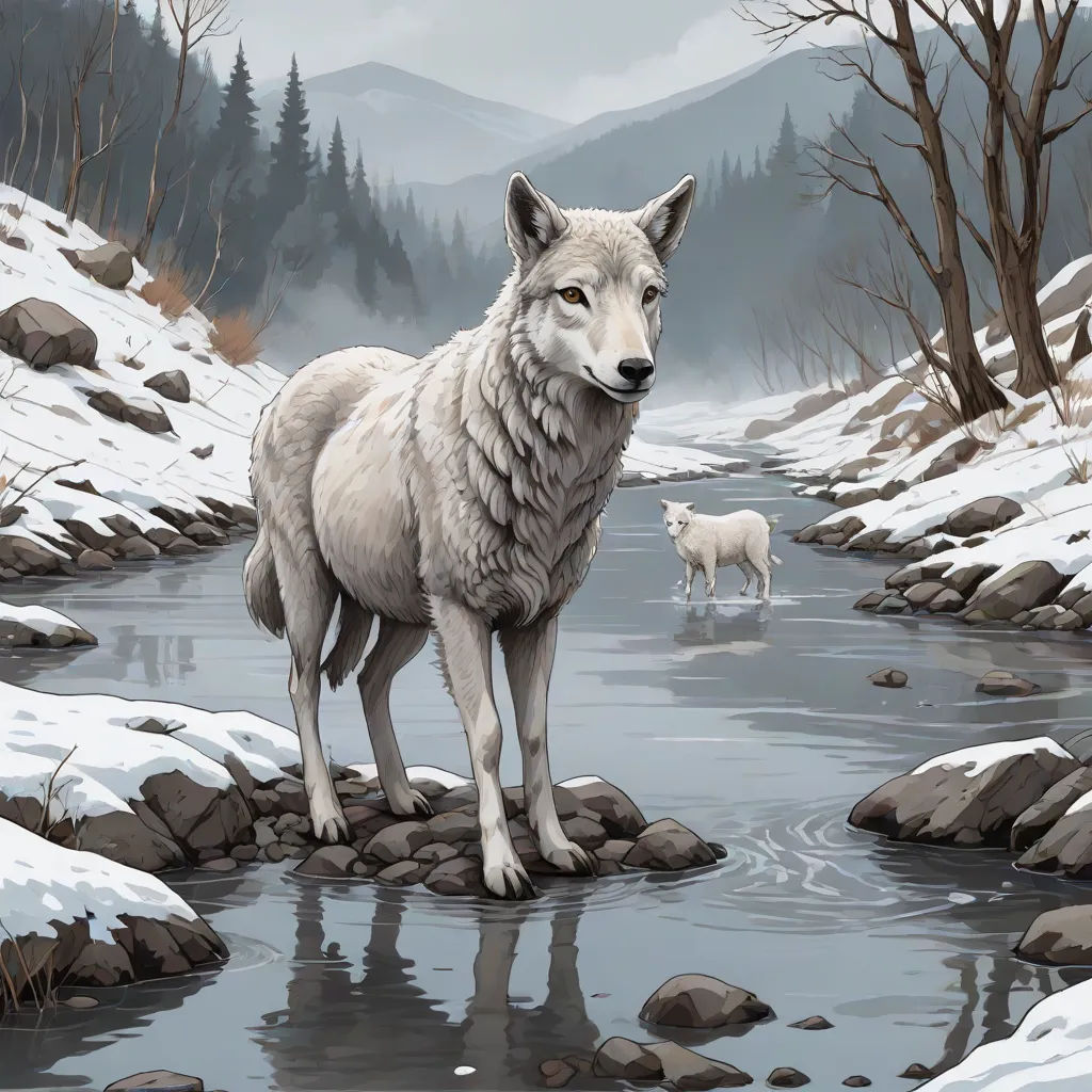 a wolf and a dog are standing in a stream of water in a snowy landscape with trees and rocks, an oil painting, David Palumbo, naturalism, highly detailed digital painting