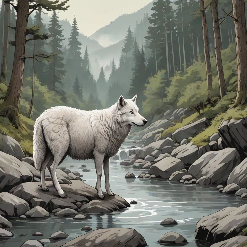 a white wolf standing on a rock next to a river in a forest with rocks and trees around it, a storybook illustration, Dan Mumford, fantasy art, official art