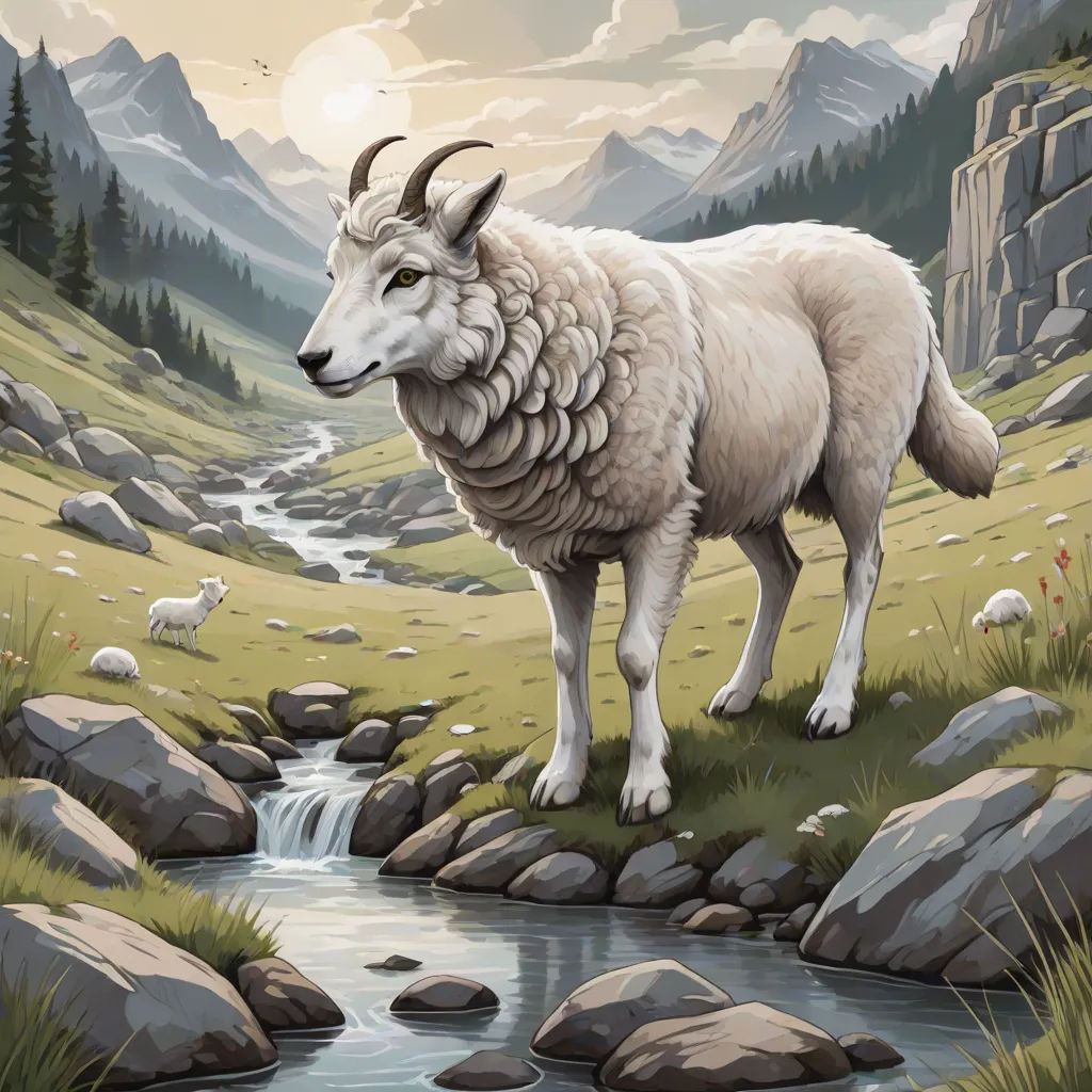 a painting of a sheep standing on a rocky hillside next to a stream of water and mountains with a bird flying overhead, an airbrush painting, Chris LaBrooy, environmental art, highly detailed digital painting