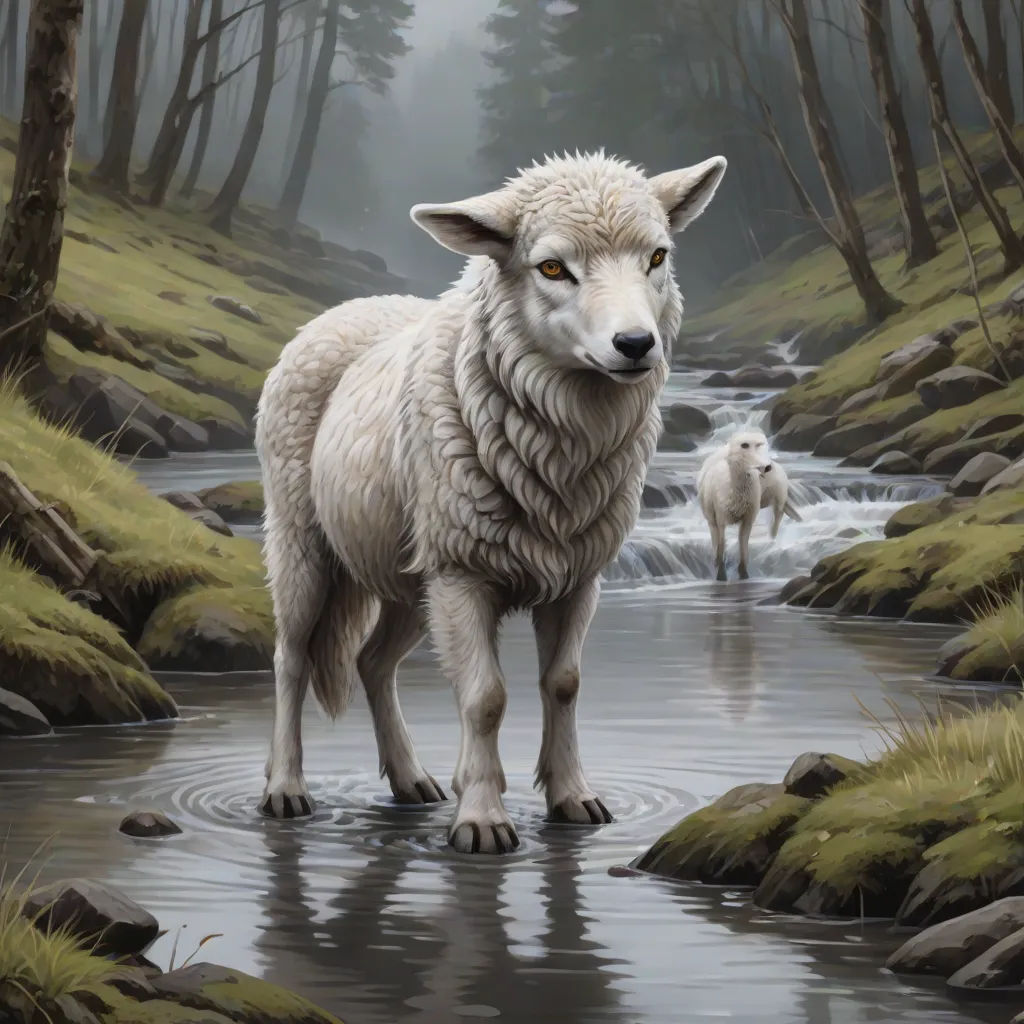 a painting of a white sheep standing in a stream of water with another sheep in the background in a forest, an airbrush painting, David Palumbo, fantasy art, highly detailed digital painting