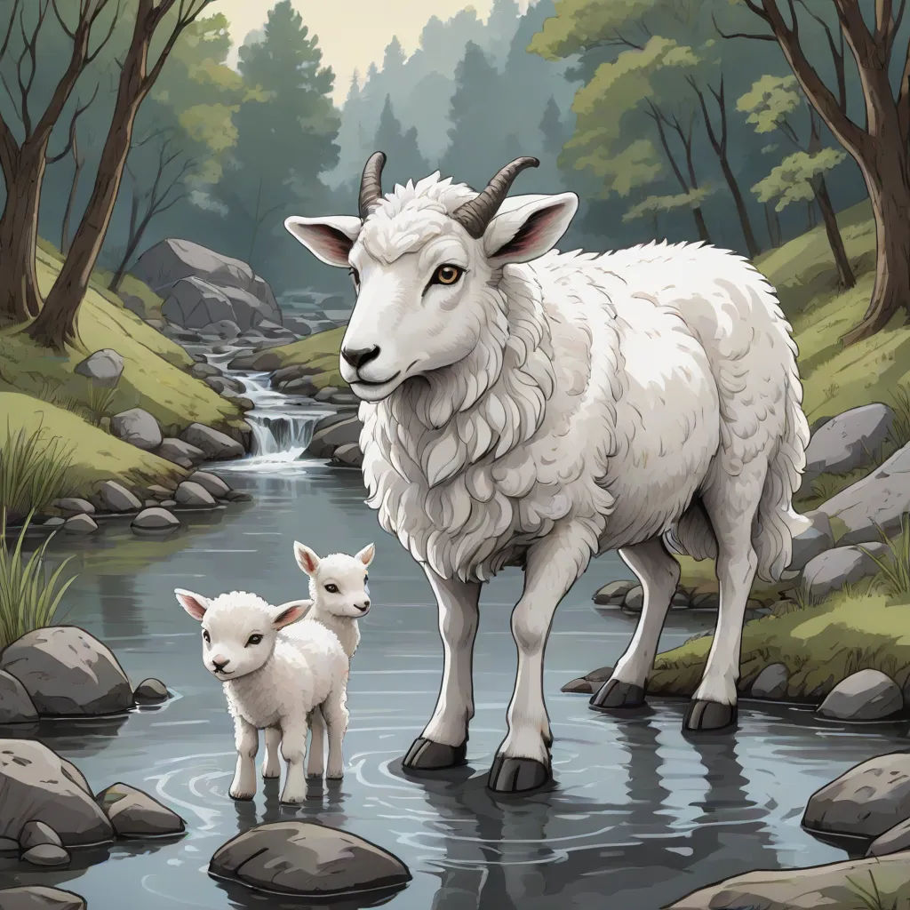 a sheep and her baby are standing in a stream of water near rocks and trees, with a waterfall in the background, a storybook illustration, Chris LaBrooy, environmental art, storybook illustration