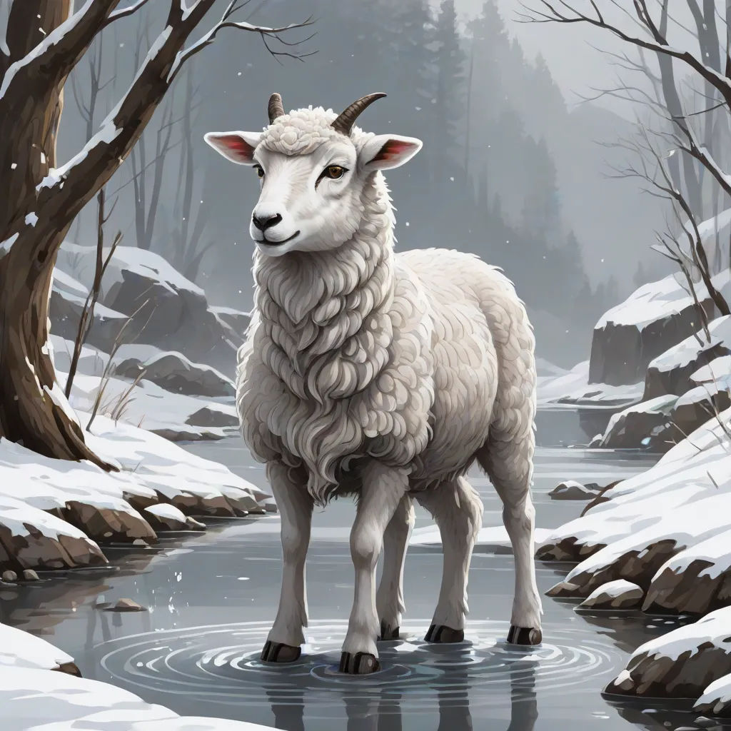 a painting of a sheep standing in a stream of water in a snowy forest with trees and rocks on the side, a storybook illustration, Chris LaBrooy, environmental art, leesha hannigan