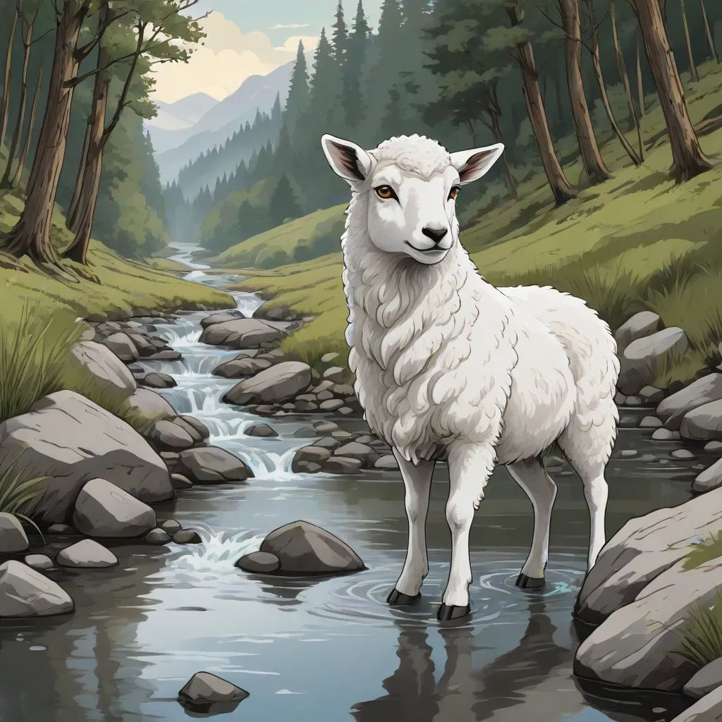 a sheep standing in a stream of water near a forest with rocks and trees on the side of it, a storybook illustration, Chris LaBrooy, environmental art, promotional image