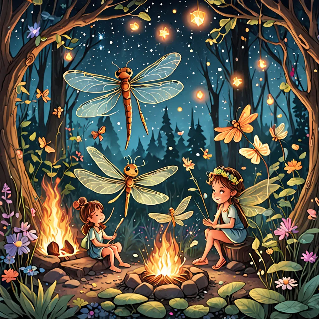 a painting of two children sitting by a fire with dragonflies on it and a fire in the background, fantasy art, a storybook illustration, Dan Mumford, storybook illustration