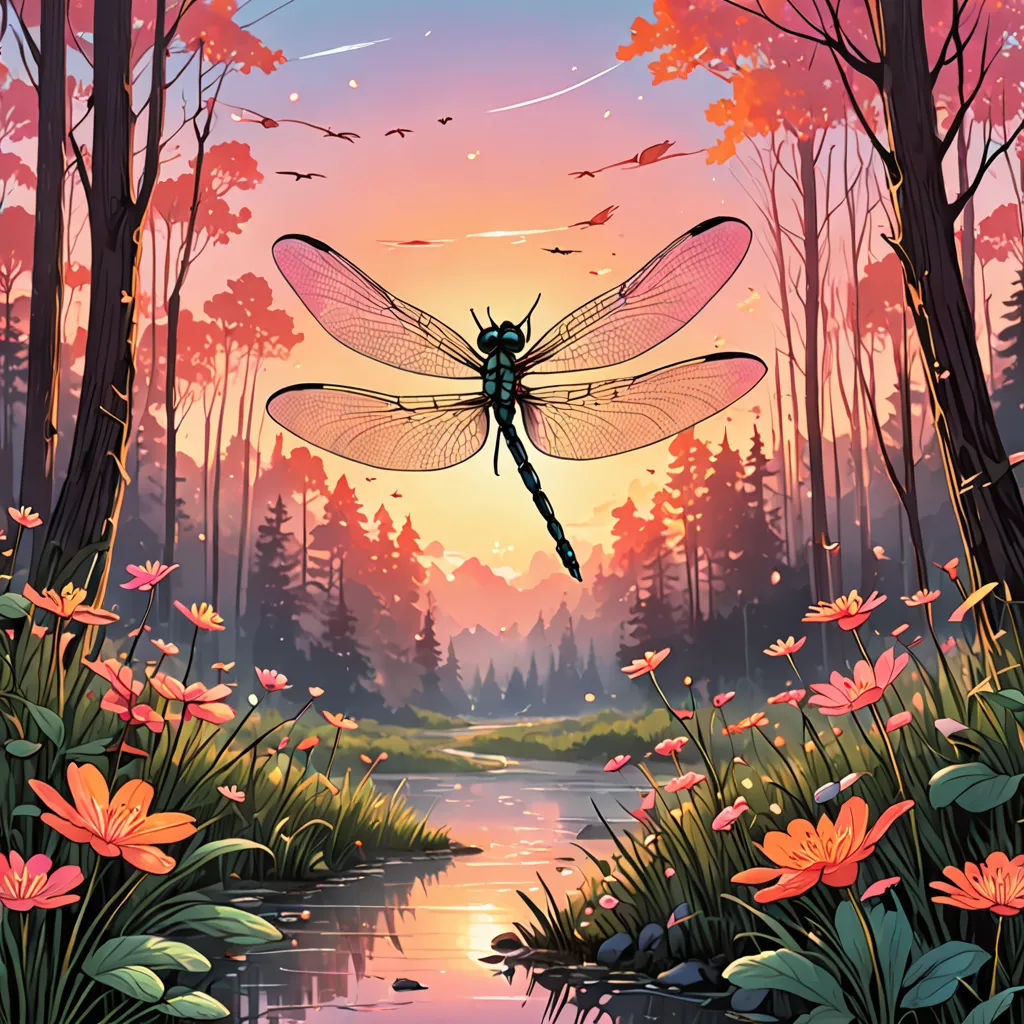 a painting of a dragon flying over a river in a forest with flowers and trees in the background at sunset, fantasy art, a storybook illustration, Dan Mumford, josan gonzales and dan mumford