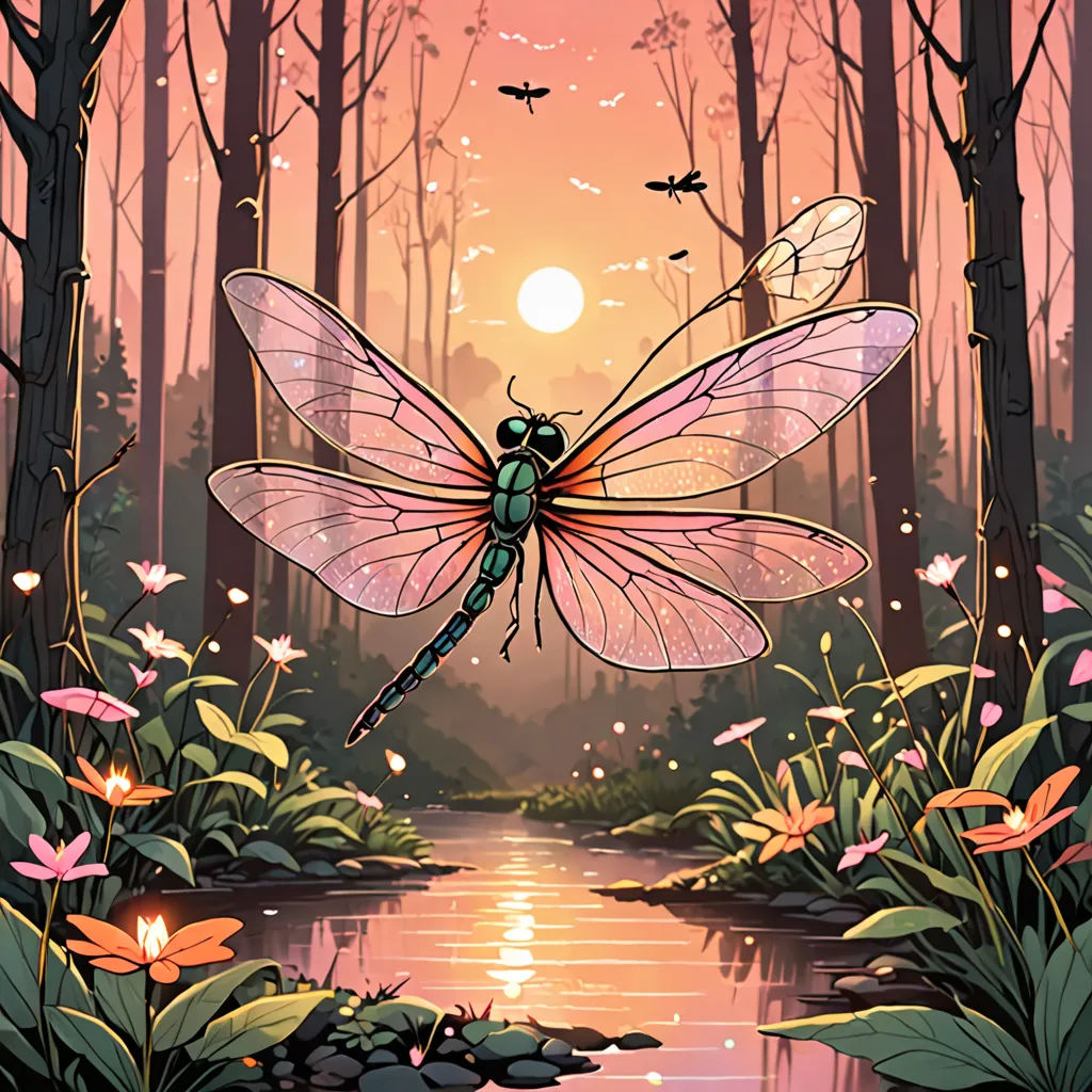a dragonfly flying over a river surrounded by trees and flowers at sunset with a pink sky and sun in the background, fantasy art, a storybook illustration, Dan Mumford, josan gonzales and dan mumford