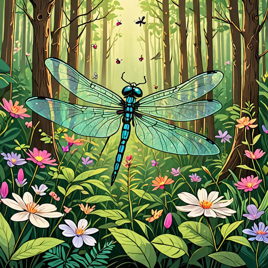 a dragonfly sitting on top of a lush green forest filled with flowers and trees, surrounded by tall, leafy trees, environmental art, a storybook illustration, Dan Mumford, leesha hannigan