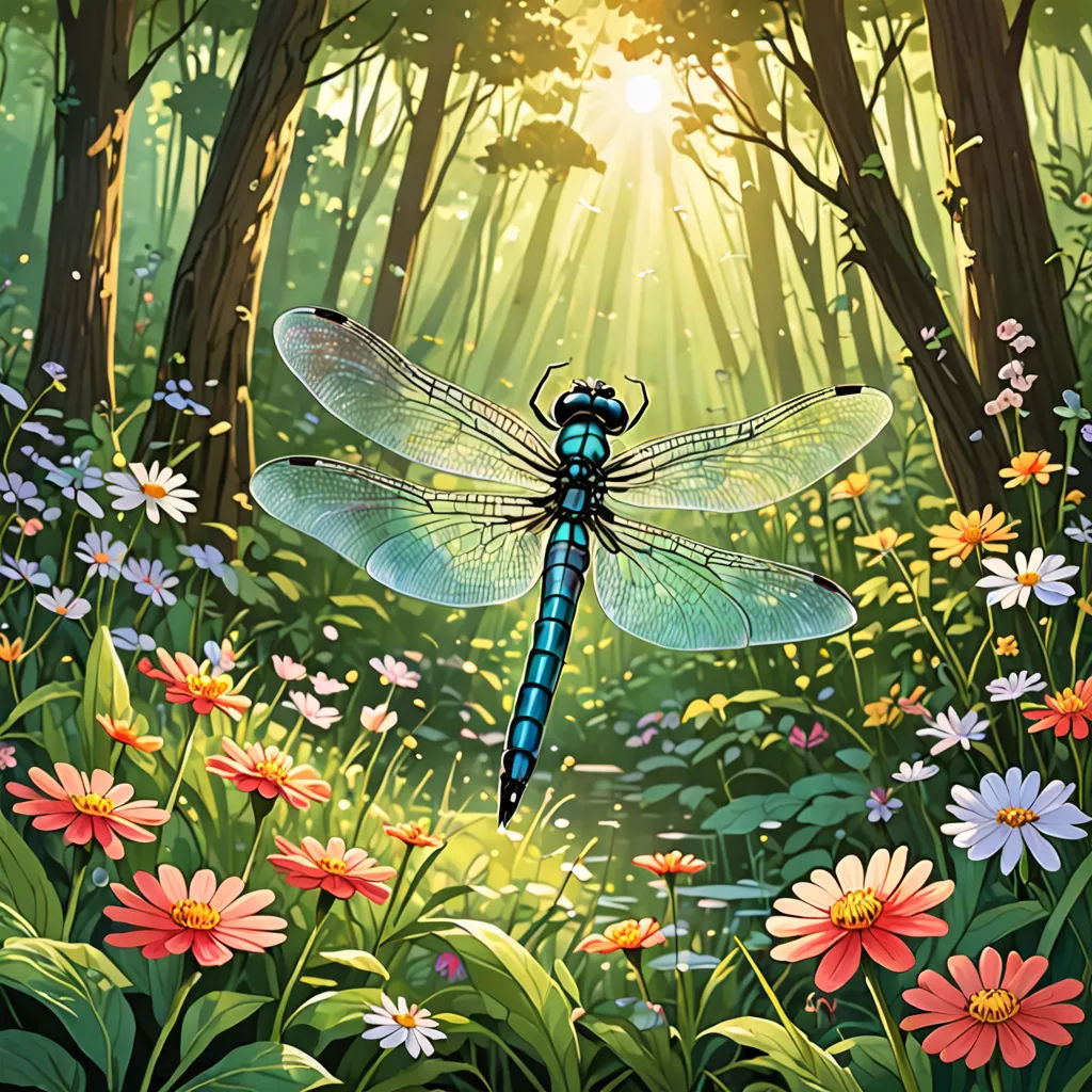 a dragonfly sitting on top of a flower covered field in a forest with flowers and trees around it, fantasy art, a storybook illustration, Dan Mumford, nature