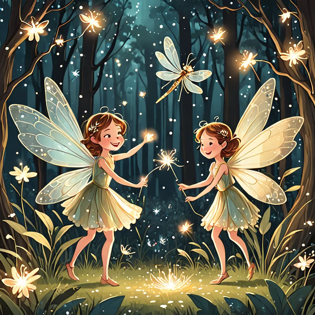 two fairy girls are playing with a firefly in the woods with flowers and trees in the background, and a dragon is flying above them, fantasy art, a storybook illustration, Cliff Childs, storybook illustration
