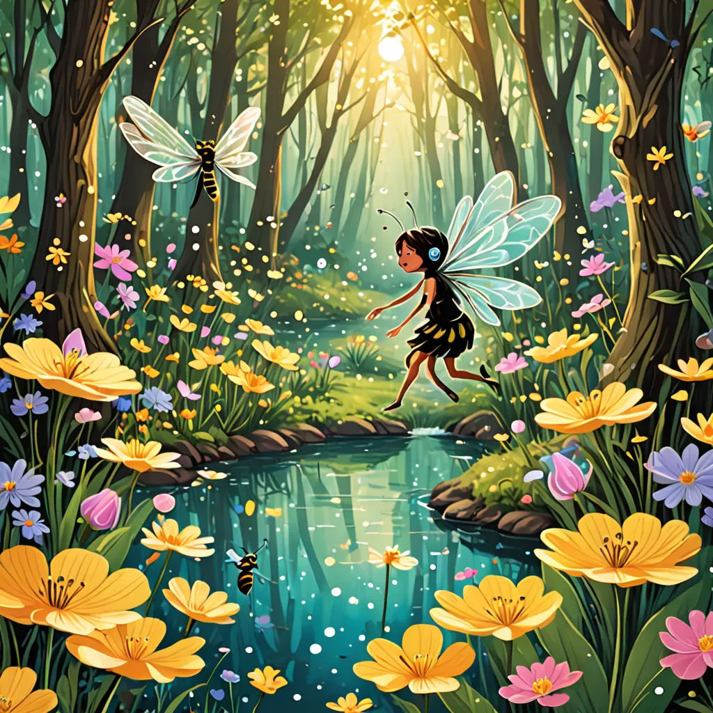 a fairy with a black hair and a black dress is flying over a river in a forest with flowers, fantasy art, a storybook illustration, Colin Middleton, storybook illustration