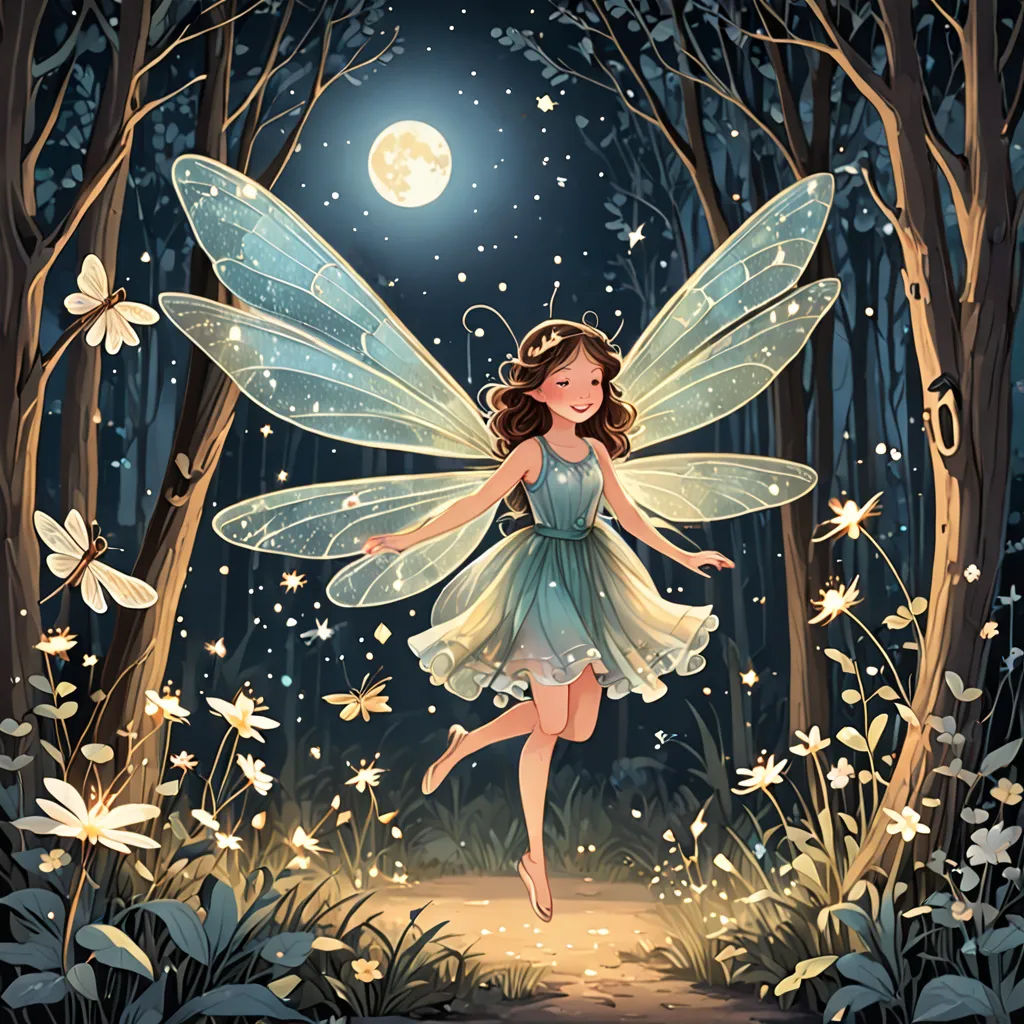 a fairy with wings flying through a forest at night with a full moon in the background and butterflies all around, fantasy art, a storybook illustration, Cliff Childs, storybook illustration