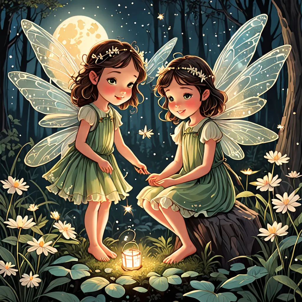 two little girls sitting on a stump in the woods with a lantern in their hands and a full moon in the background, fantasy art, a storybook illustration, Anne Stokes, fireflies