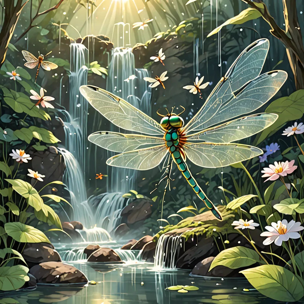 a dragonfly sitting on a branch over a waterfall in a forest with flowers and butterflies around it, with a waterfall in the background, fantasy art, a storybook illustration, Anne Stokes, magic the gathering artwork