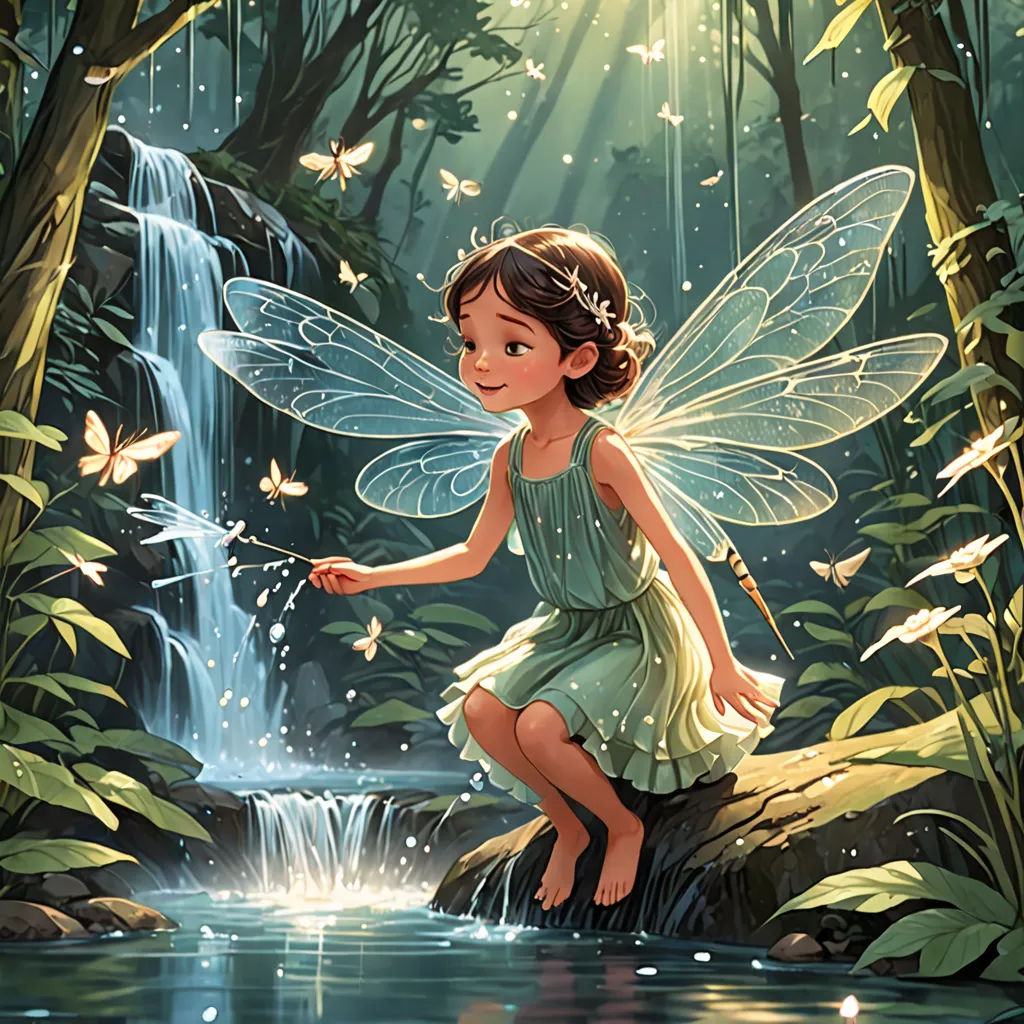 a fairy sitting on a rock in the forest with a waterfall and butterflies flying around her, and a waterfall in the background, fantasy art, a storybook illustration, Cliff Childs, storybook illustration
