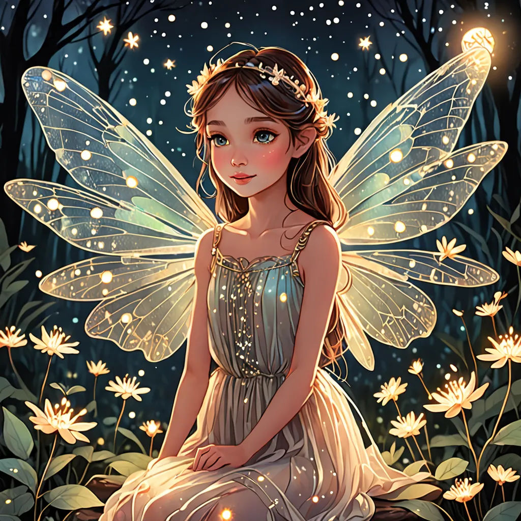 a fairy sitting on a rock in a field of flowers with a glowing light in her hand and a glowing light in her hand, fantasy art, a storybook illustration, Anne Stokes, rossdraws global illumination